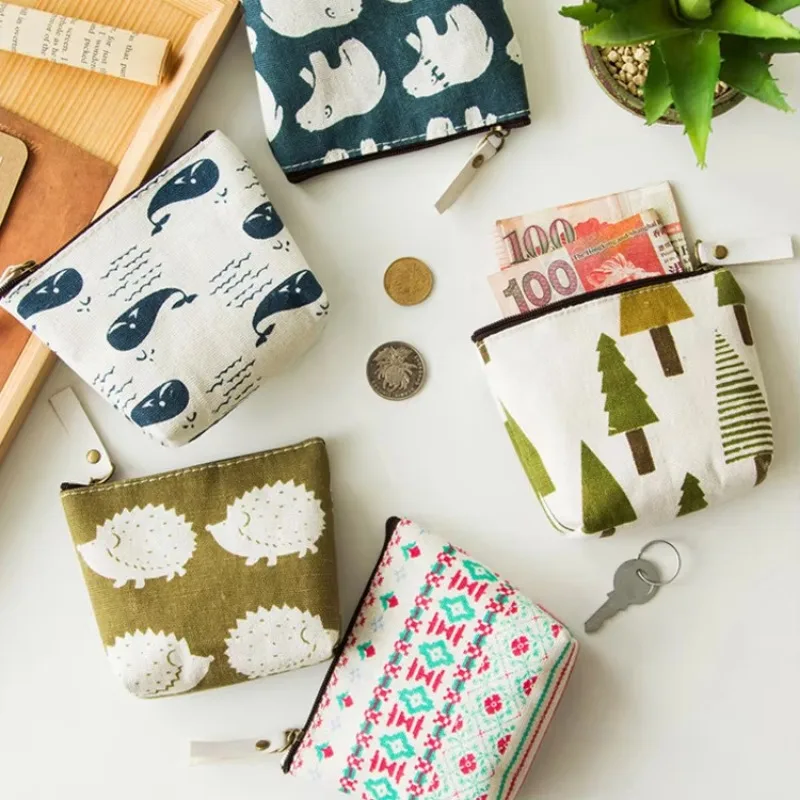 Womens Cartoon Cute Canvas Wallet Kids Coin Purse Small Triangle Headset Line Zipper Female Purses Card Bag Children Pouch