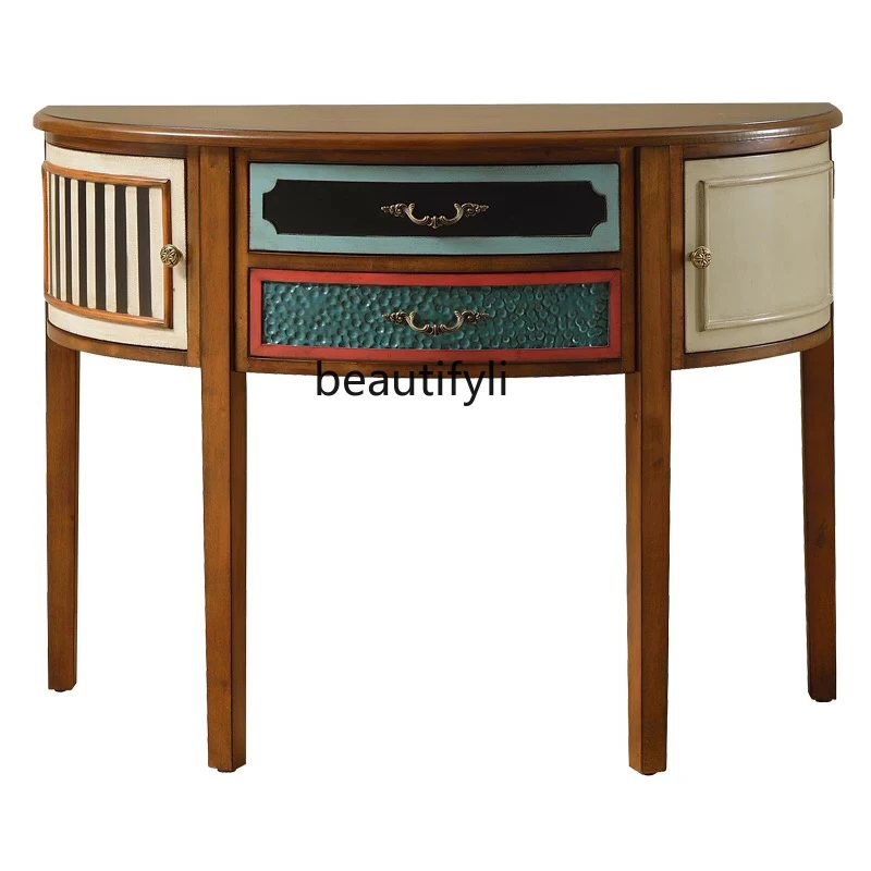 

American Console Tables Semicircle Retro Hallway Wall Solid Wood Locker Hallway Dressing Table Hall Cabinet