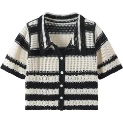 Striped Crochet Vest Top Collared Button-up Short Sleeve Sheer Crop Knit Top Cardigan Women Teengirl Fairycore Vintage Outfit