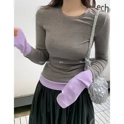 Fake Two Piece Splicing Extend Sleeves Sweater Korean Sweet Women Slim Elasitc Pullover Contrast Solid Y2K Tops Autumn Winter