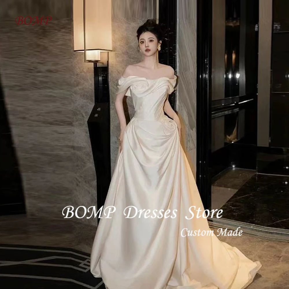 

BOMP Elegant Off Shoulder Wedding Receiption Dresses Photo shoot Silk Satin Floor Length Bridal Gowns Corset Back Customized