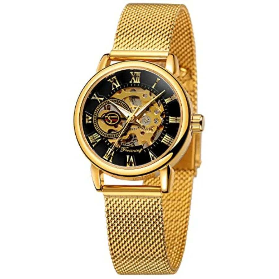 

Gosasa Women's Skeleton Watch Fashion Hollow Mechanical Watch Hand-Wind Mesh Strap Lumius Roman Numeral Casual Ladies Wristwatc