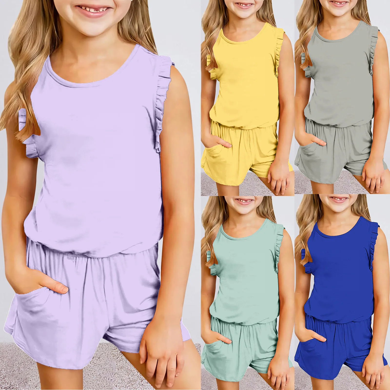 Summer Outfits For Teen Kids Girls 3-14Years Child Sleeveless Solid T Shirt Suits Children Girls Tops Ruffles Vest Shorts Sets