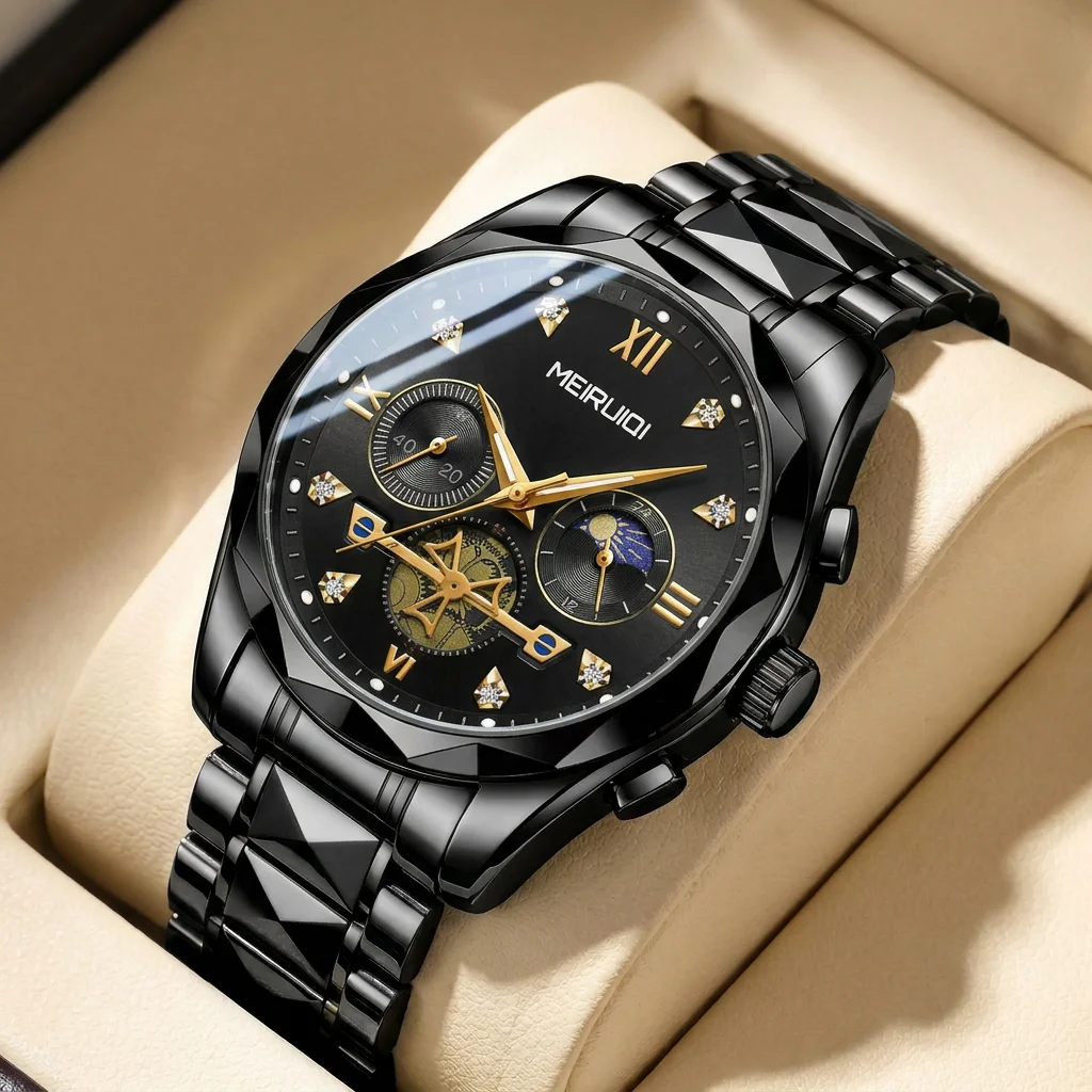 

1pcs Men's black dial alloy strap vintage fashion open heart moon phase details Quartz Watch for business party holiday
