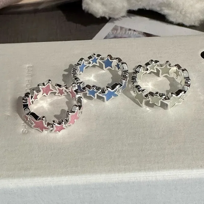 New Fashion Colorful Enamel Pink Star Rings for Women Girls Cool Sweet Y2K Blue Twisted Star Open Ring Party Gifts Jewelry image 2