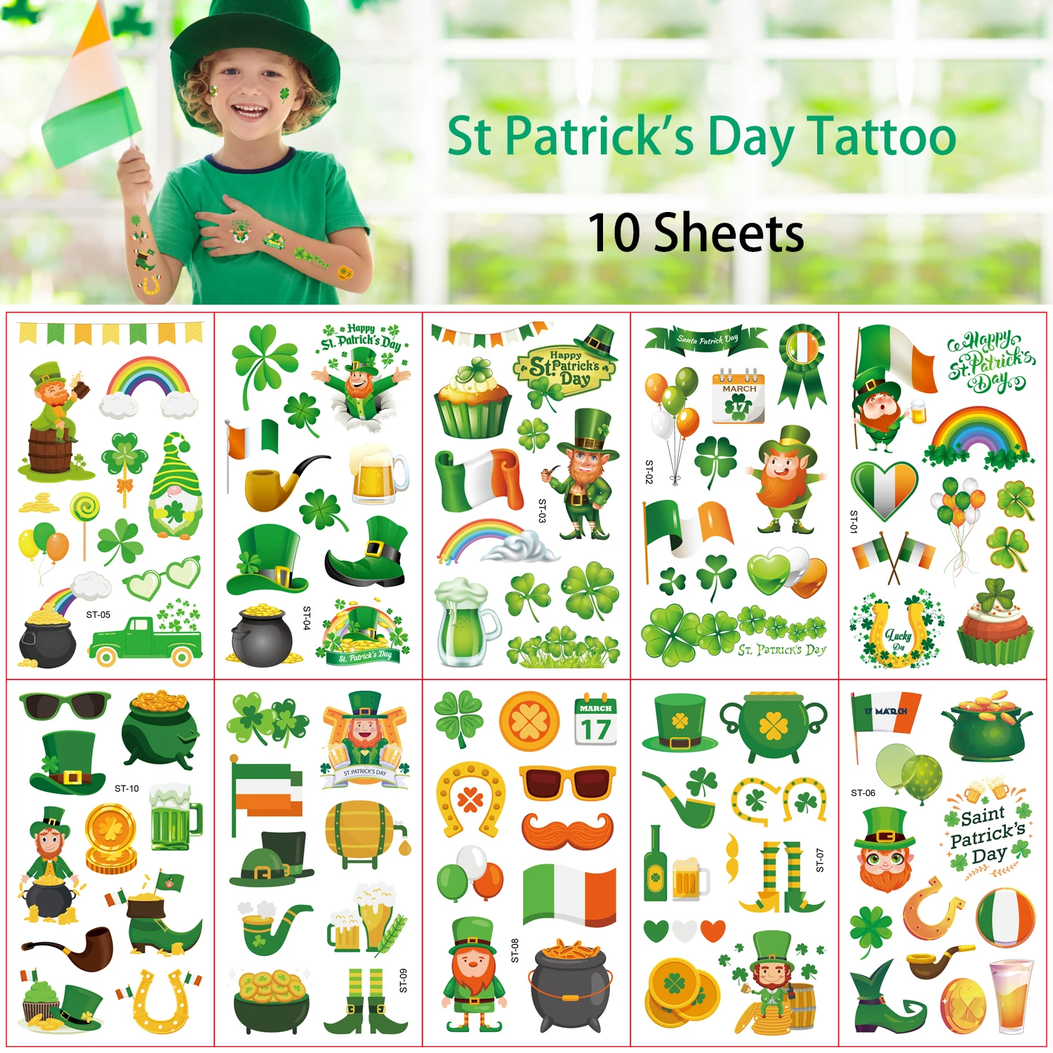 10 Sheets Irish St Patrick’s Day Party Tattoo Shamrock Coin Waterproof Face Body Stickers Toy for Kids Birthday Party Favors