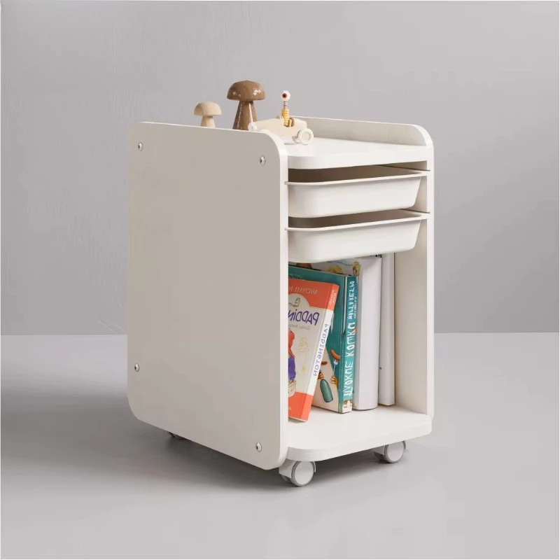

Mobile three-tier wooden filing cabinet with open storage tray for children