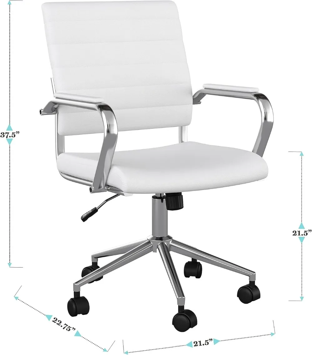 Martha Stewart Piper Swivel Task Chair with Armrests for Home Office in White Faux Leather with Polished Nickel Frame