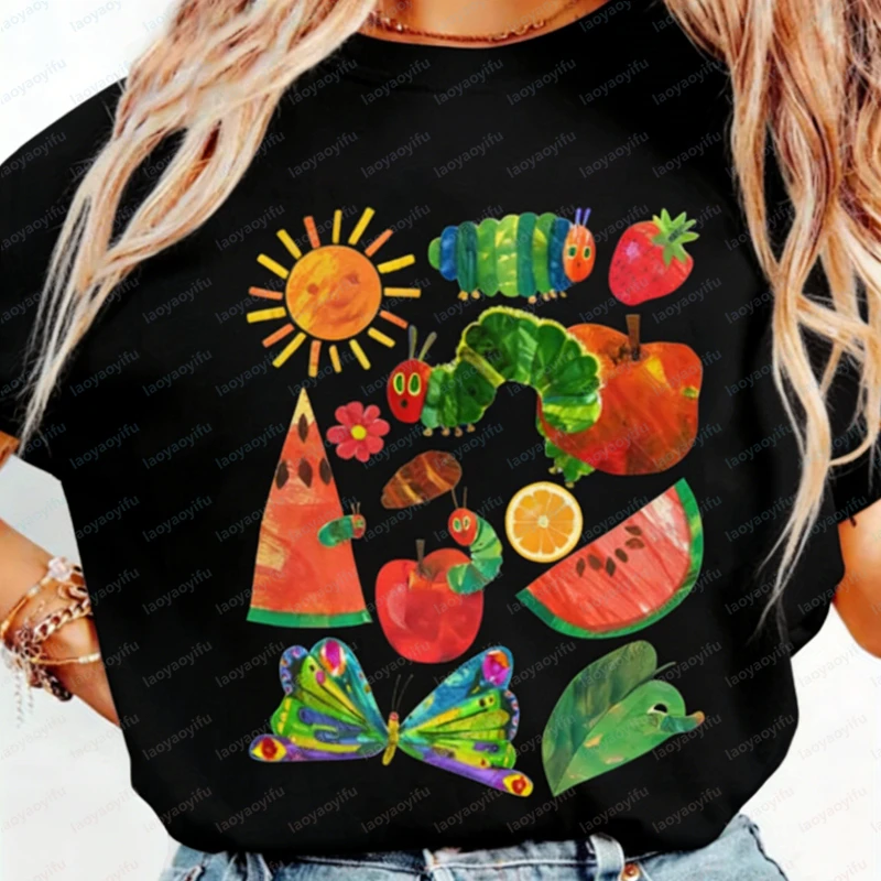 All Seasonal Women Cotton Thirt The Very Hungry Caterpillar Sun Butterfly Playful Artistic Style Casual Retro Graphic Tee Summer