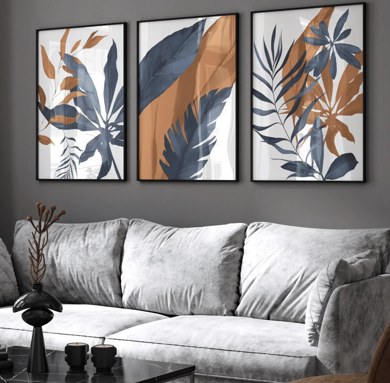 Boho Tropical Leaf 3 Panels Wall Art Canvas Prints, Navy Plant Posters, Neutral Decor for Living Room Bedroom Decor