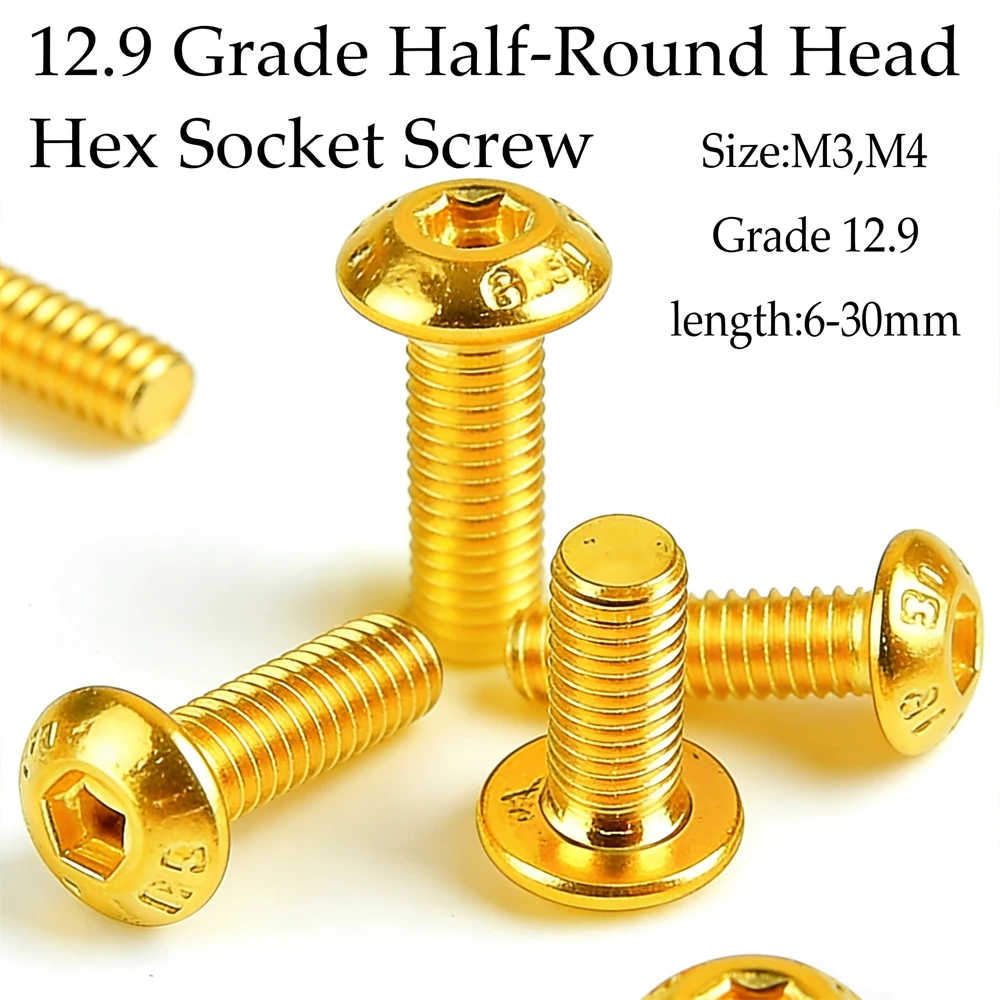 10pcs M3 M4 Golds 12.9 Grade Button Head Hex Socket Screws, Alloy Steel High Strength Hexagon Cap Bolt Fastener Hardware
