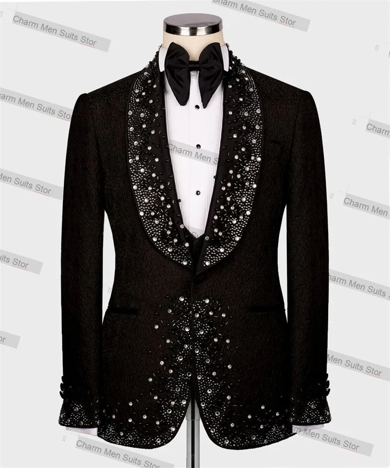 

Luxury Black Men Suits Set 2 Piece Blazer+Pants Custom Made Crystals Jacket Office Business Groom Wedding Tuxedo Coat Trousers