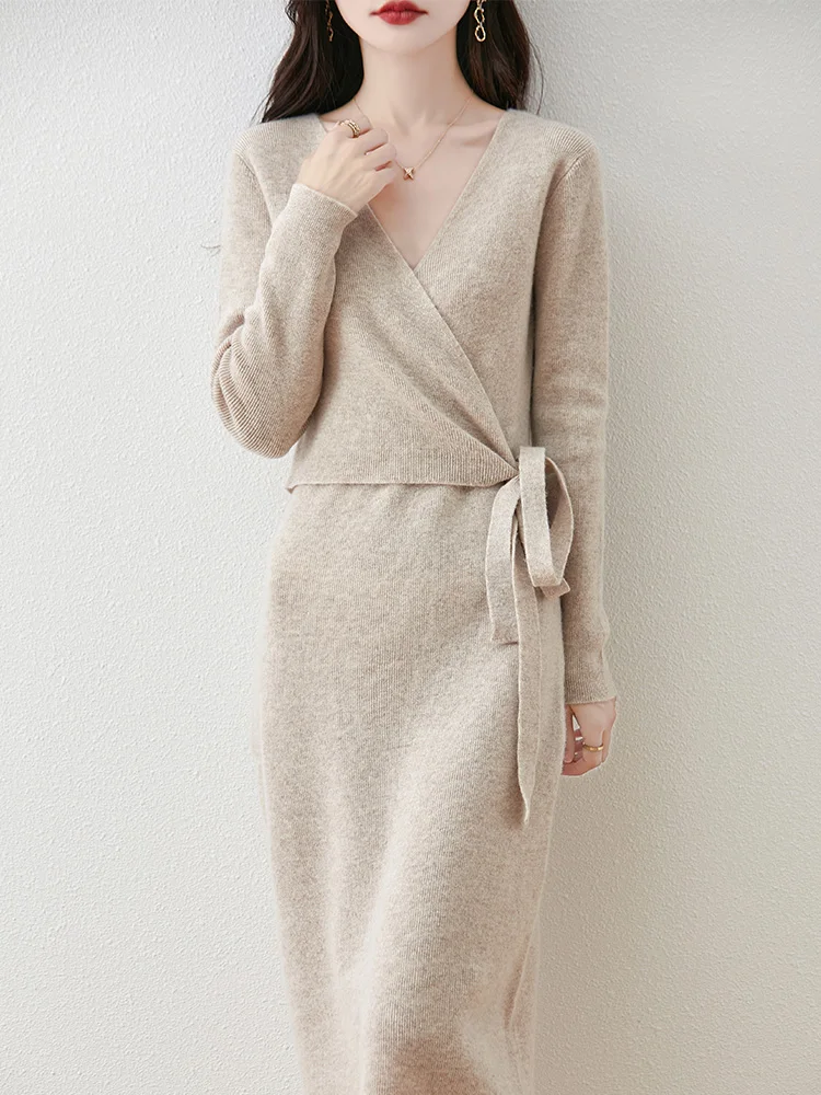 

Autumn Winter Women 100% Pure Wool Knitted Pullover Dress French V-neck Elegant Light Luxury Slim Fit Fashion Long skirts