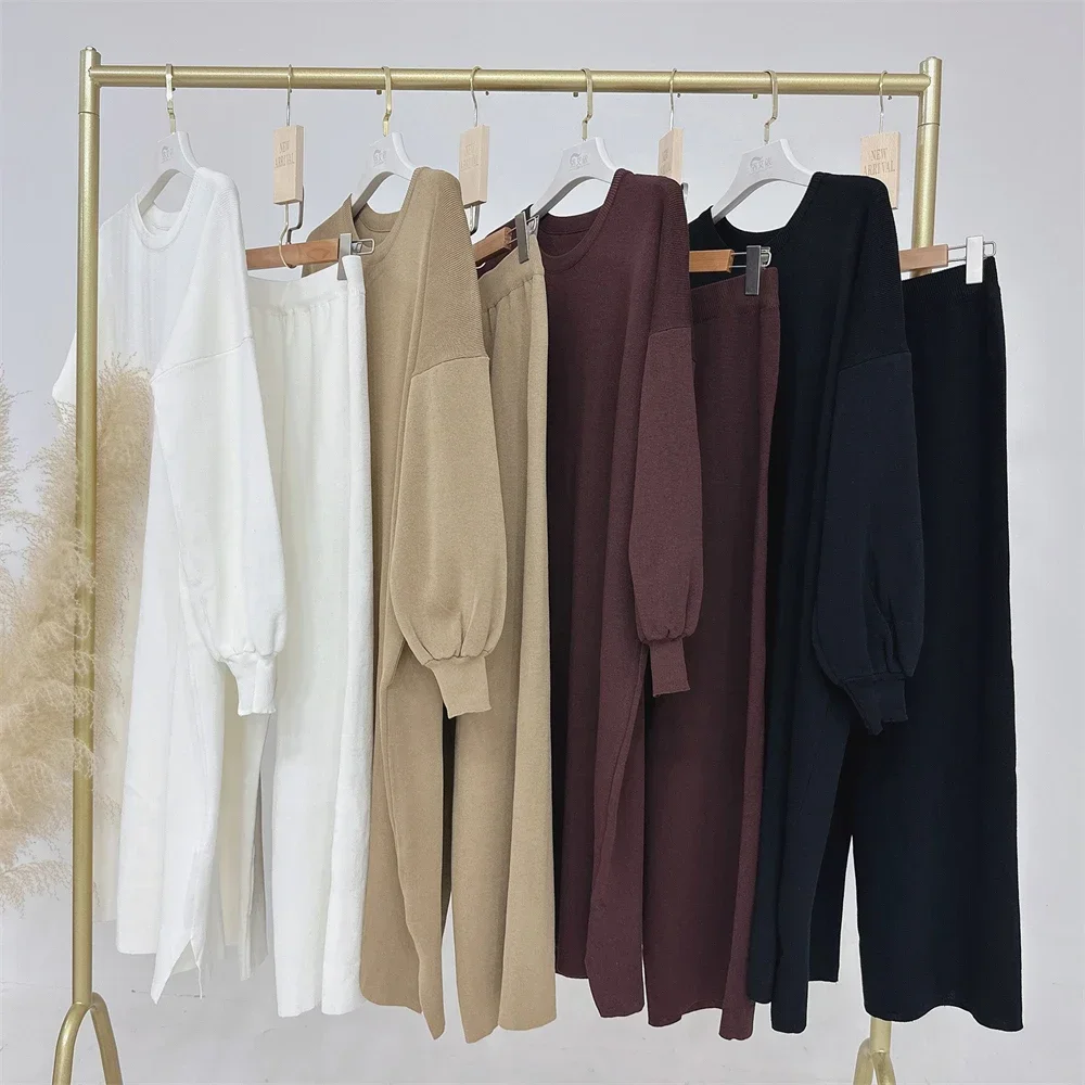 

Зимний вязаный свитер из 2 предметов, Абая, Дубай, Турция, мусульманские комплекты, брюки, платье, исламская одежда, абайи для женщин, халат, ансамбли Musulmane