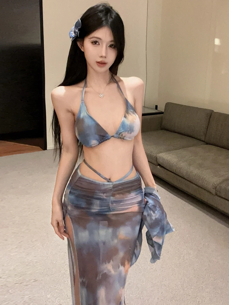 

Бикини с низким вырезом и принтом Me, топ на бретелях, разделенная юбка, пляжный комплект, сексуальный длинный свеч V Ne, костюм из четырех предметов