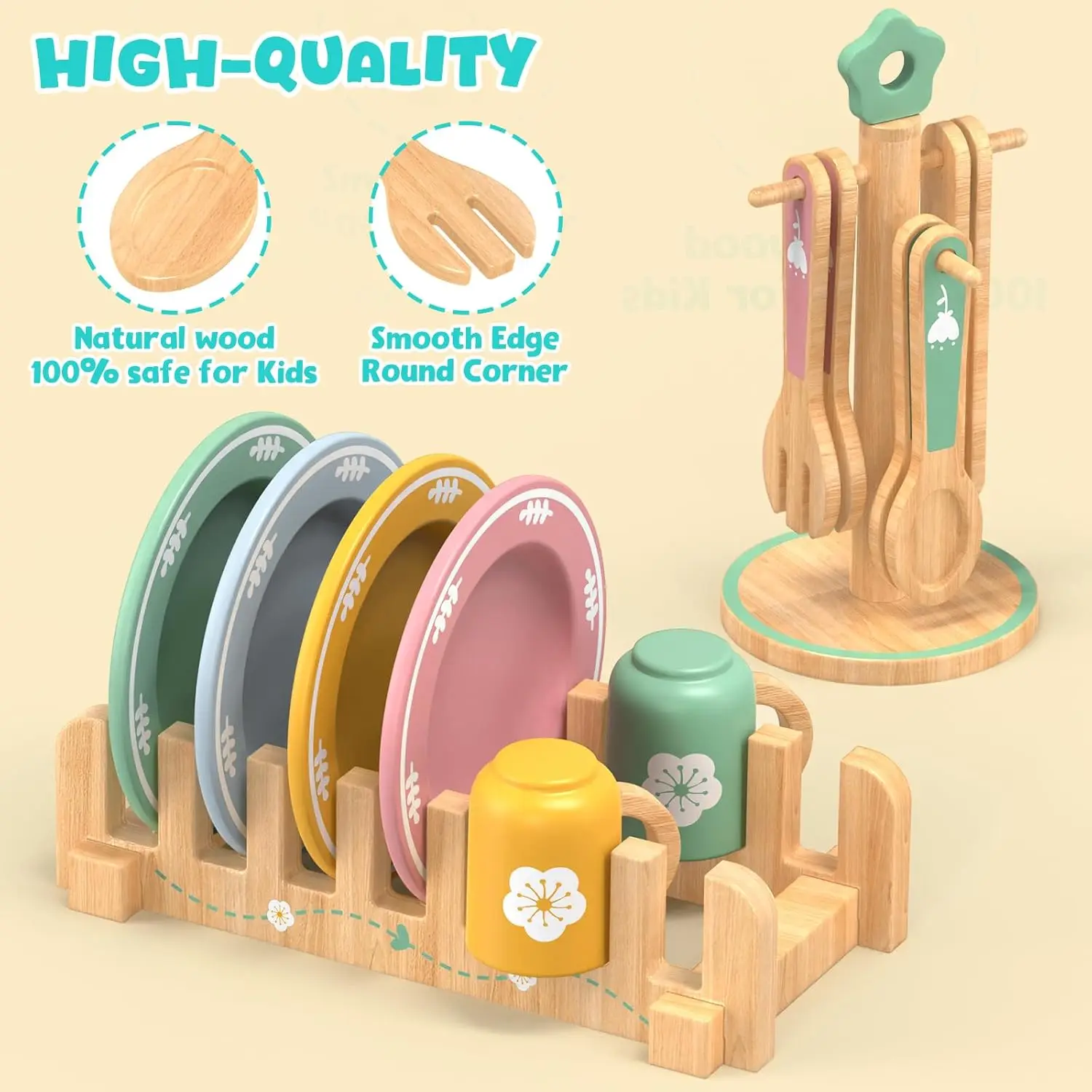 Hölzerne Küche, Rollenspiel-Set, Montessori-Simulationsplatten, Geschirr, Zubehör, Küchenspielset, Spielzeug für Kleinkinder, Geschenke ab 3 Jahren – Detail 8