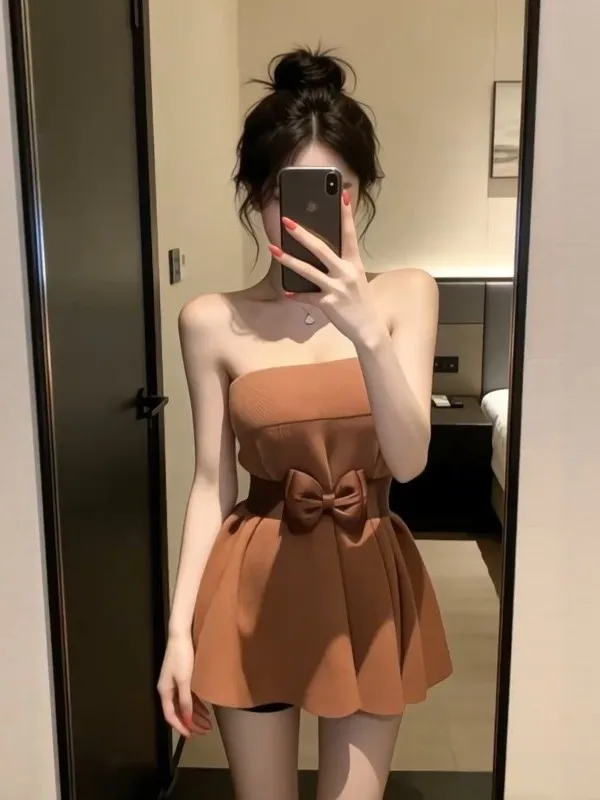 

Retro Gentle Pure Desire One Shoulder Tube Top Dress Waist Cinching Knot A-Line Skirt Sexy Spring Summer Autum...