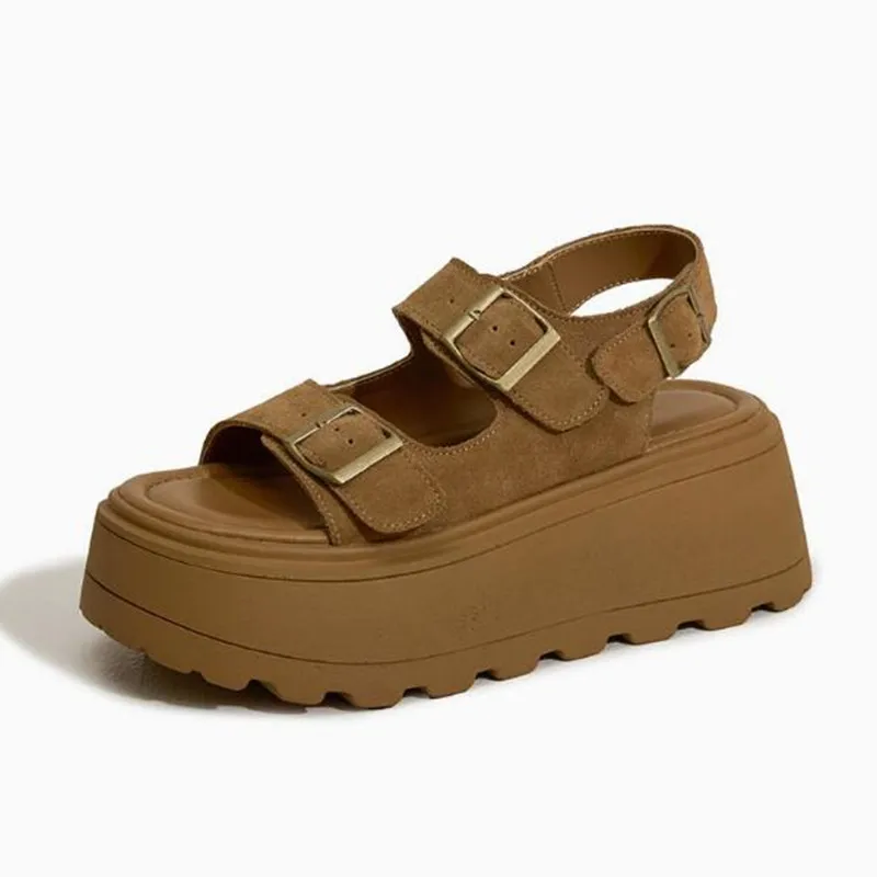 

High Quality Women 7CM Suede Leather High Brand Platform Wedge Flats Summer Chunky Sneaker Sandals Comfy Peep Toe Fashion Shoes