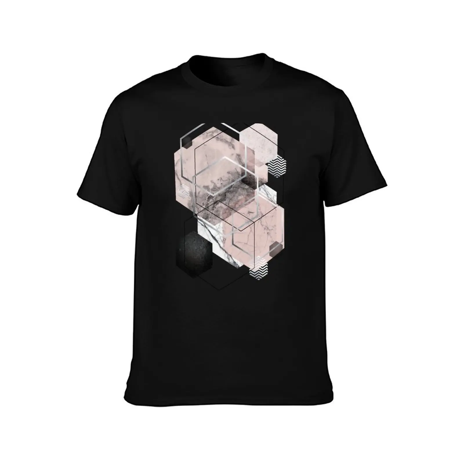 Geometric Hexagons in Blush Pink and Grey T-Shirt Summer Casual Cotton Tee Oversized Streetwear Tops Vintage Graphic Print