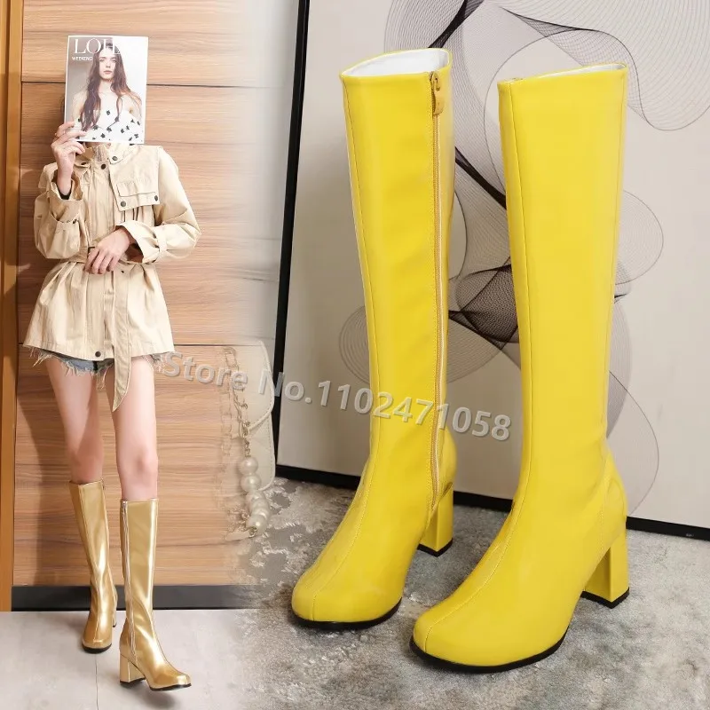 

Candy Color Women Strecth Boots Fashion Catwalk Round Toe Square Heel Knee Hight Long Boots Female Party Dress Hight Heels Shoes