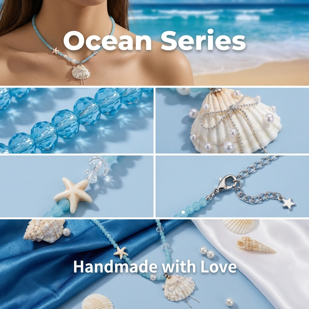 Einzigartige Seestern-Seil-Halsketten für Frauen, Muschel-Imitationsperlen-Schleifen-Quasten-Halsketten, zarter, süßer Sommerschmuck als Geschenk – Detail 1