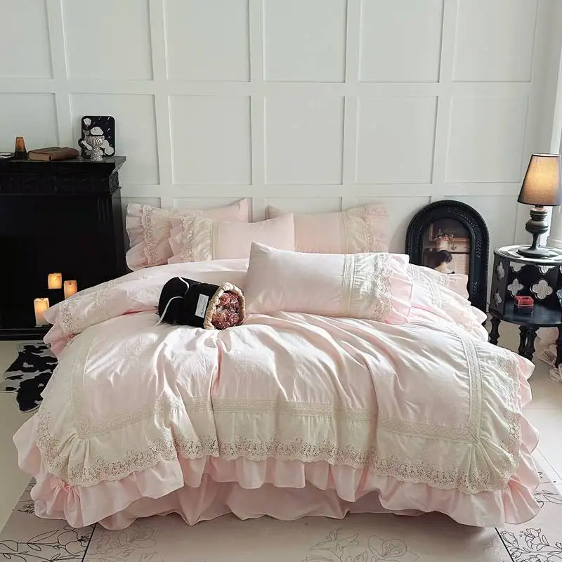 Pink Luxury Princess Wedding Lace Ruffles 100% Cotton Bedding Set Duvet Cover Bed Sheet/Bed Skirt/Fitted Sheet Pillowcases 4Pcs