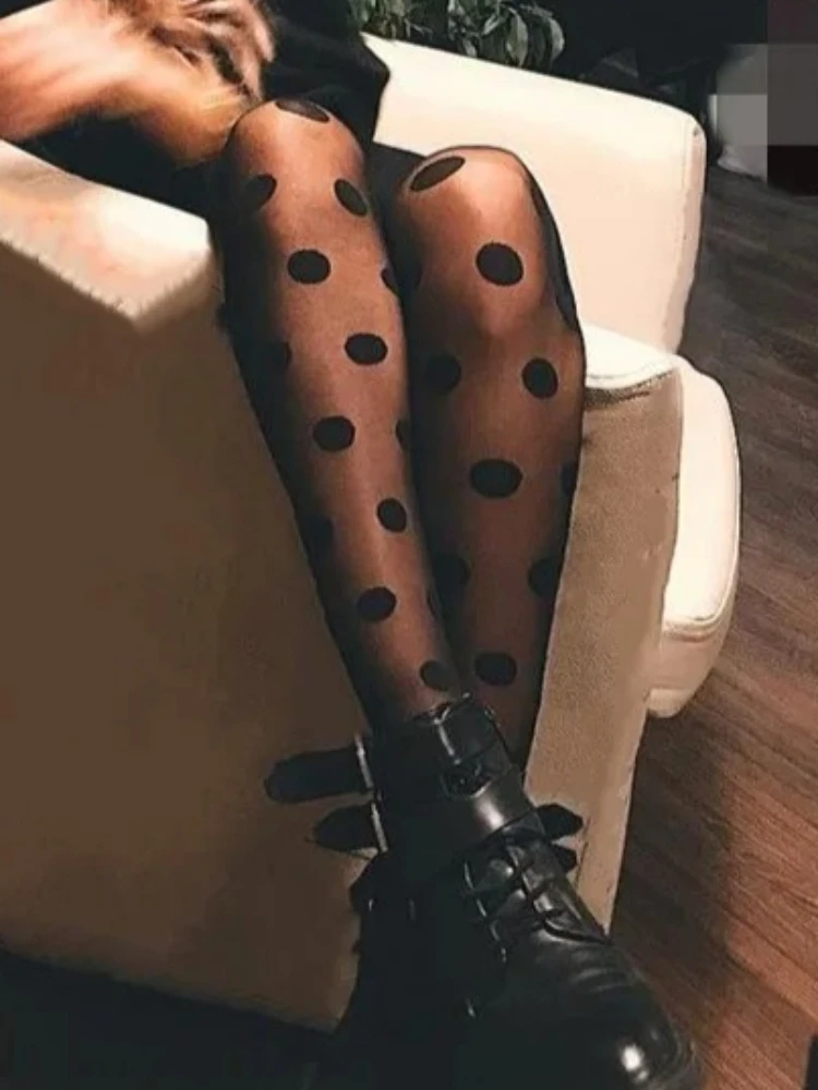 Polka Dot Print Stocking Women's Sexy Tights Fishnet Mesh Seamless Pantyhose Nylon Black White Nightclub Ladies Thin Silk Tights