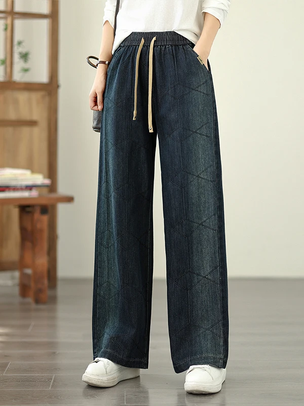 

Повседневные прямые джинсы больших размеров, широкие брюки с эластичной резинкой на талии, лоскутные джинсы для женщин больших размеров, осенняя смесь хлопка