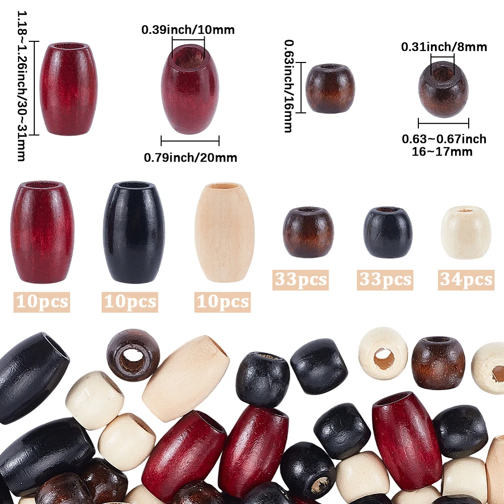 130Pcs 6 Styles Large Hole Wood Beads Macrame Wooden Beads Black Gray Brown Barrel Shaped Craft Spacer Charms