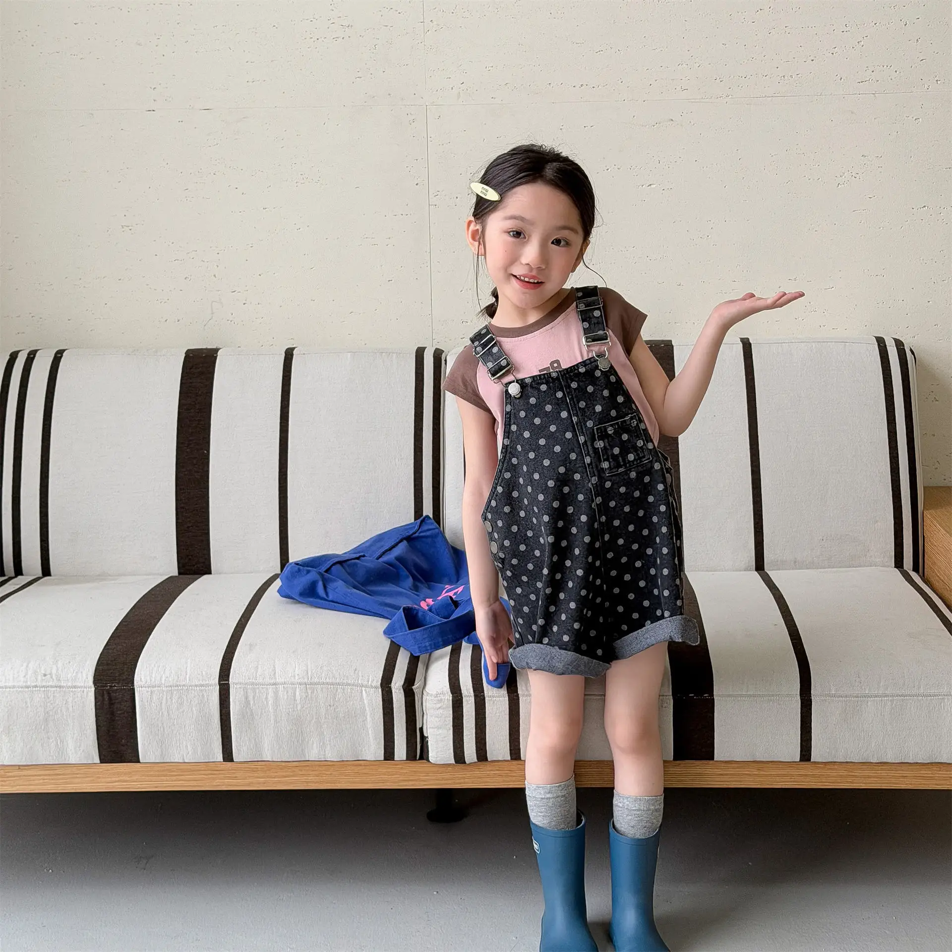 2026 New Summer Toddlers Kids Denim Jumpsuits Polka Dot Printed Children Shorts Baby Girls Suspenders Overalls  1-8Years view 6