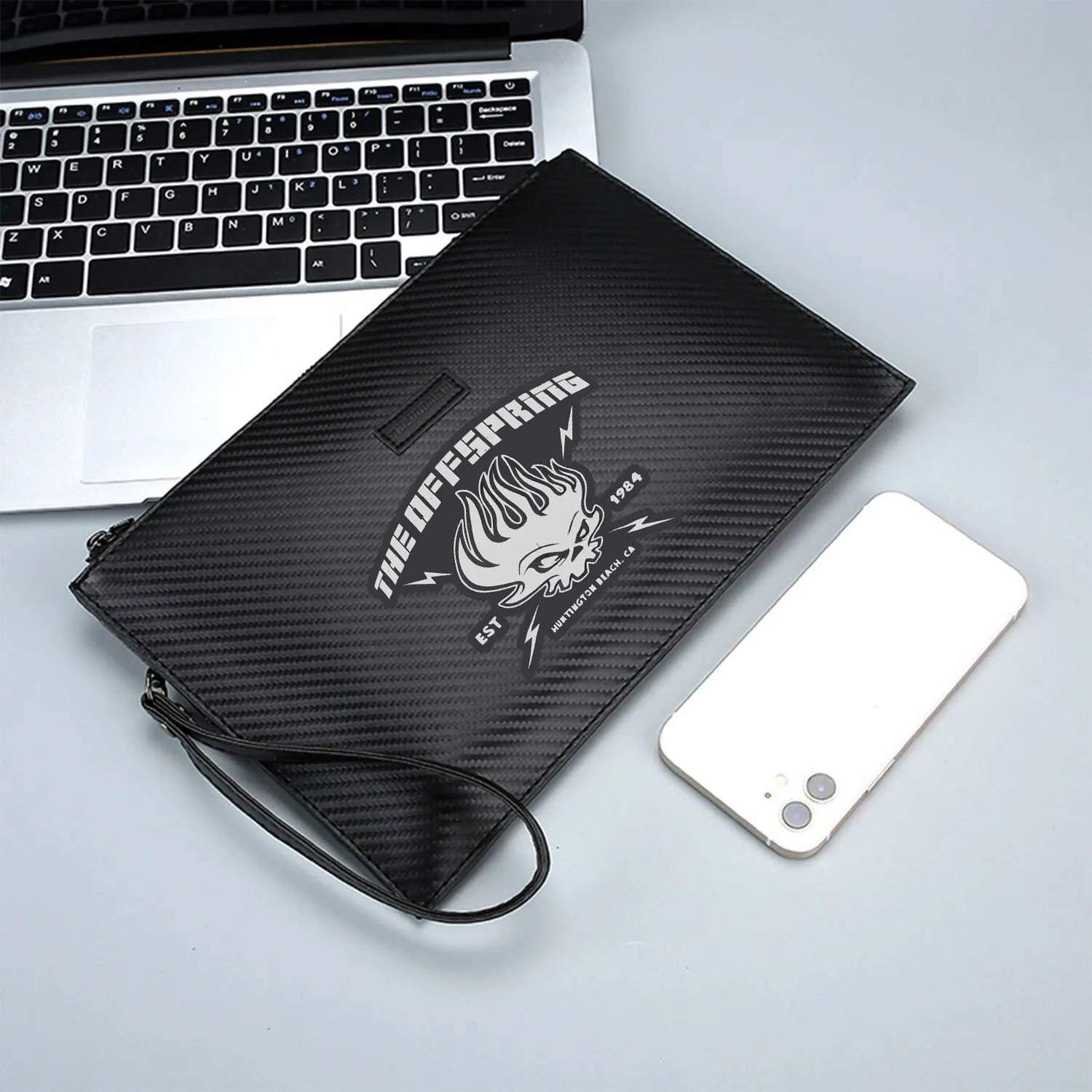 Skull flames band logo lightning bolt Elegant Printed PU Men's Handbag Fashionable and Practical for Everyday Carry