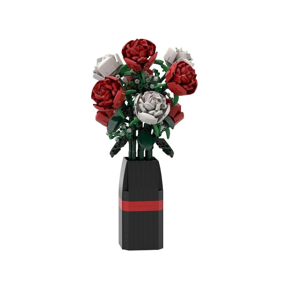 MOC-modelo de rosas rojas y blancas, bloques de construcción, rosa llena de estrellas, ramo de flores perpetuas, jarrón, juguetes, regalo de Navidad para el Día de San Valentín