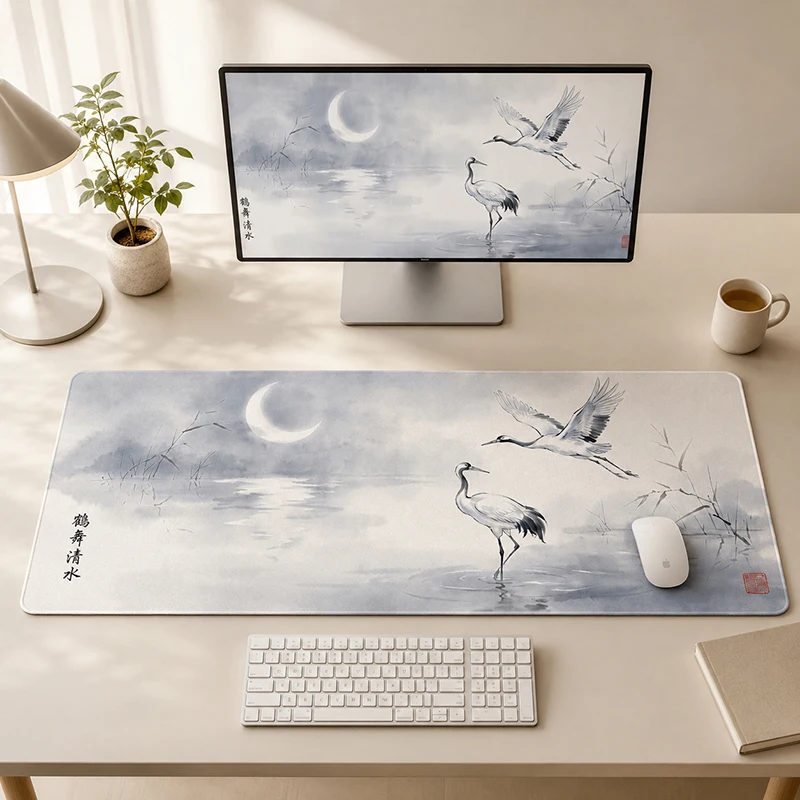 Tapis de souris, motif de grue illuminée par la lune, peinture à l’encre, impression à la demande, tapis de souris pour ordinateur XXL, tapis en caoutchouc naturel, tapis de bureau pour ordinateur portable.