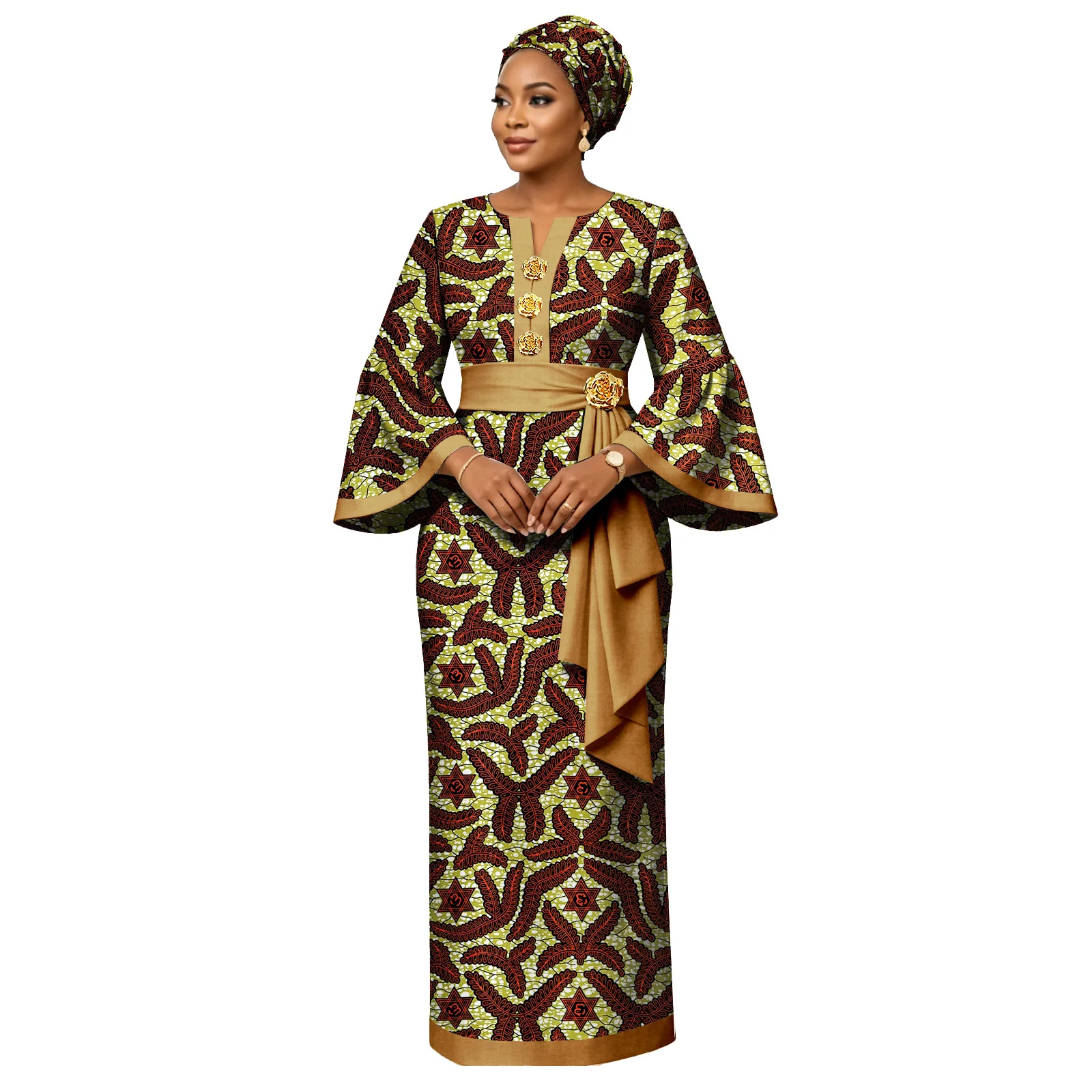 Women African Dress Set, Ankara Print Flare Sleeve Gown with Matching Headwrap, Dashiki Floral Button Attire - view 4