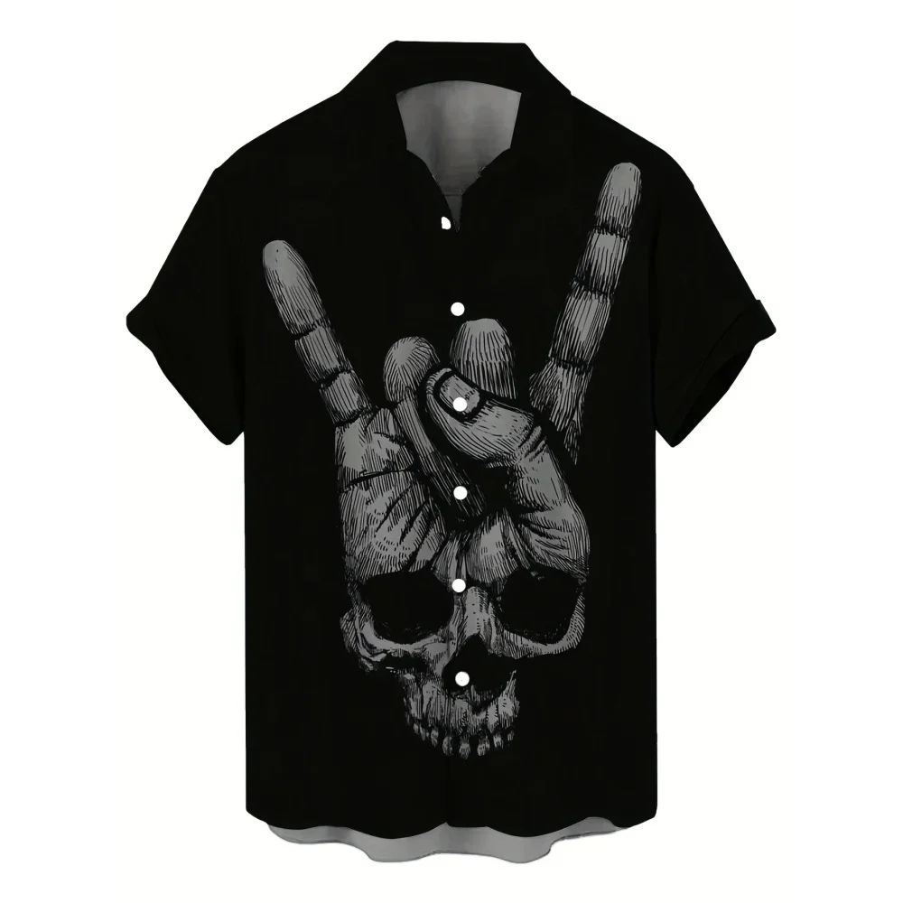 Personality Skull Graphic Shirt Men's Street Hip Hop Rock Y2k Clothes Summer Fashion Classic Lapel Buttons Short Sleeve Tops