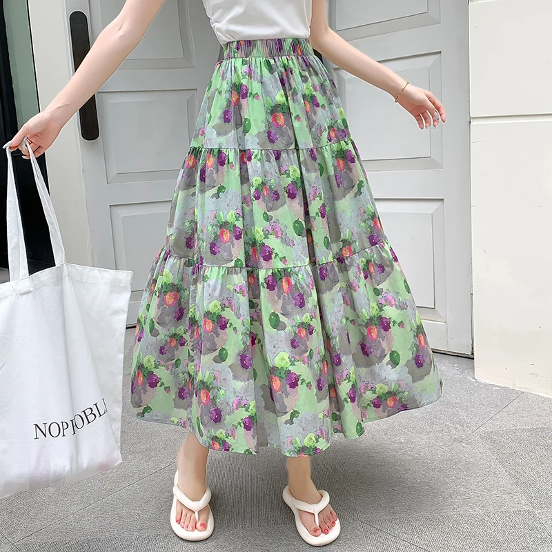 Printed Floral Skirts Tall Women Clothing Elastic Waist A-Line Midi Skirts with Liner Loose Casual Fashion Summer Holiday Saias