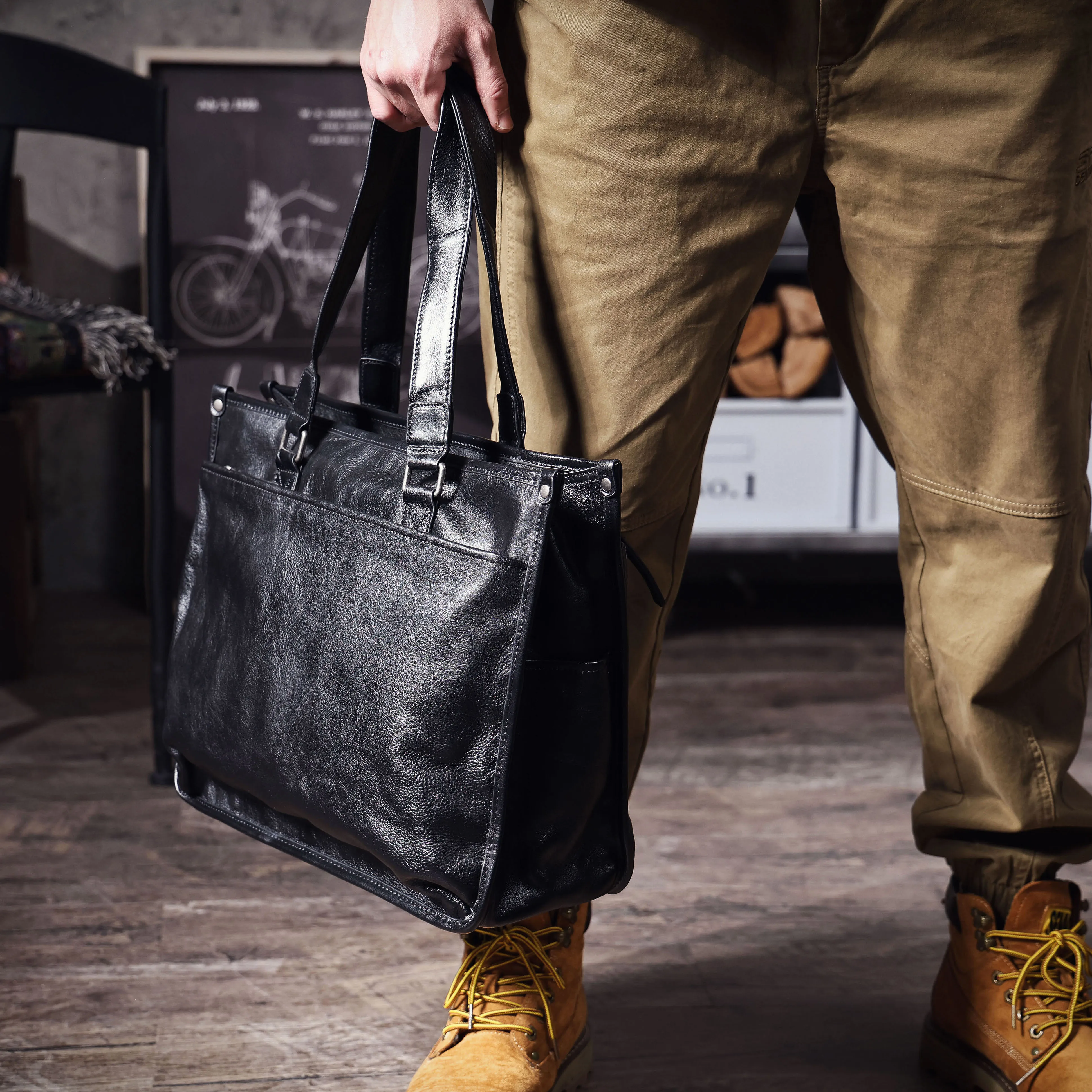 S.WORKER Premium Echtleder Business-Handtasche Herren 14" Laptop-Tasche Vollnarbenleder-Aktentasche für Arbeit & Business – Detail 4