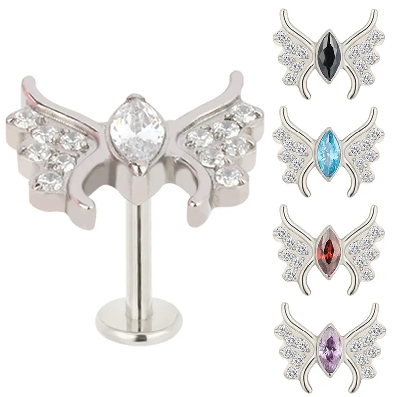 G23 Titanium EAR PIERC Wings and Marquise Butterfly CZ Paved Top Threaded Labret Studs Tragus Pircing Earrings Lip Ring Jewelry