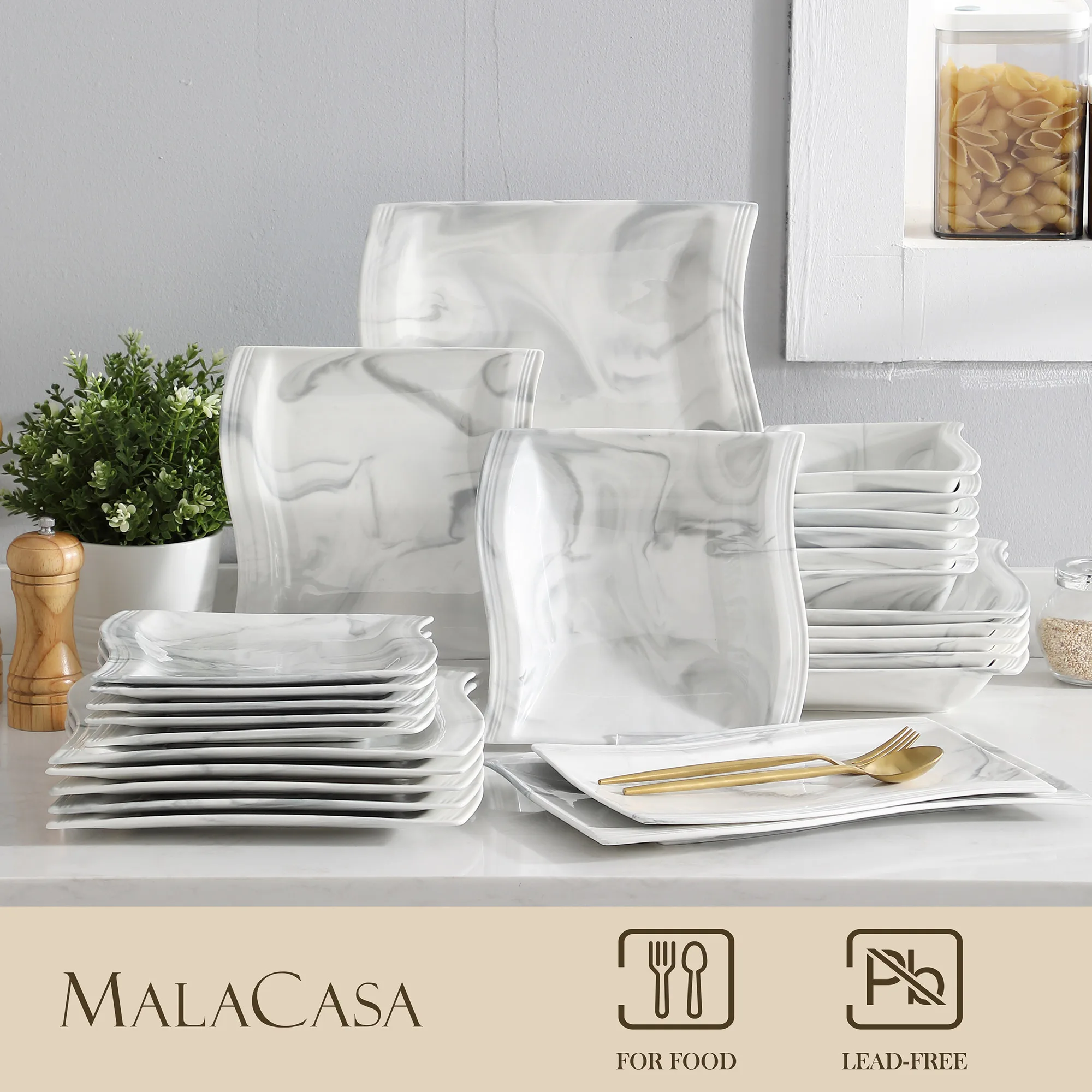 Imagem -04 - Malacasa Flora 26-piece Nórdico Europeu Mármore Cinza Porcelana Utensílios de Mesa Conjunto com Tigela Placa de Jantar Sobremesa & Prato de Sopa Conjunto para 6