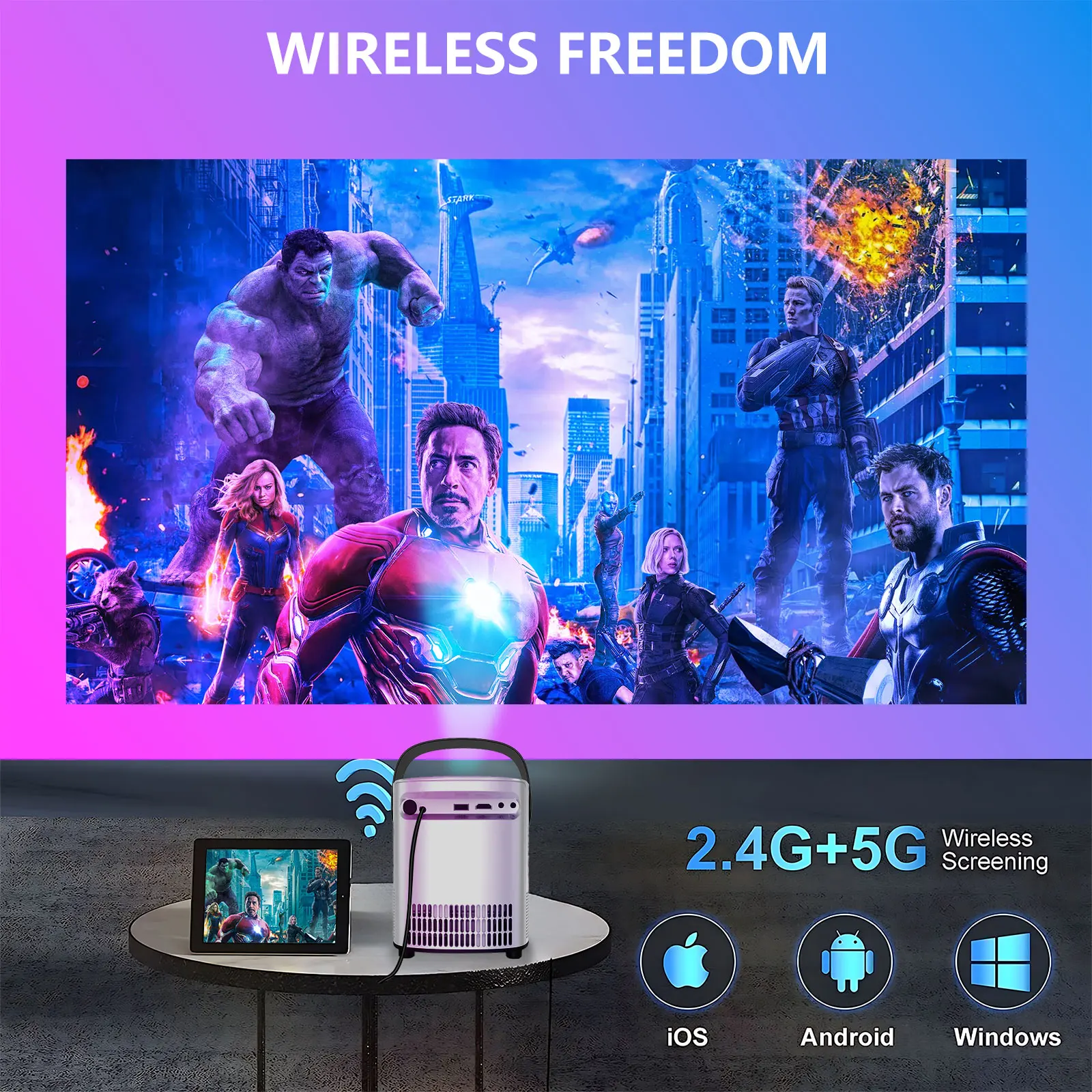 Portable Android Projector 1080p Support 4K for Home Theater Support HDMI, USB, PC, TV Box WiFi and Bluetooth Model:T2