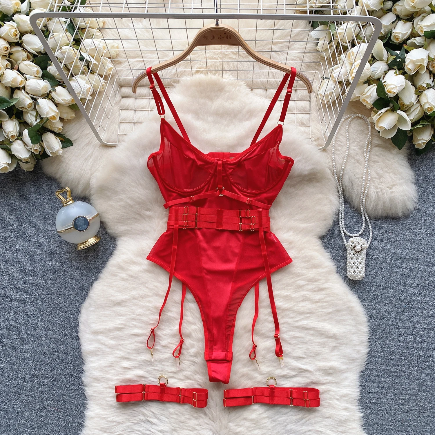 Women Hotsweet Mesh Vintage Straps Bodysuits Chic Patchwork Jumpsuits Slim Bandage Top with Leg Rings Rompers Summer Clothing