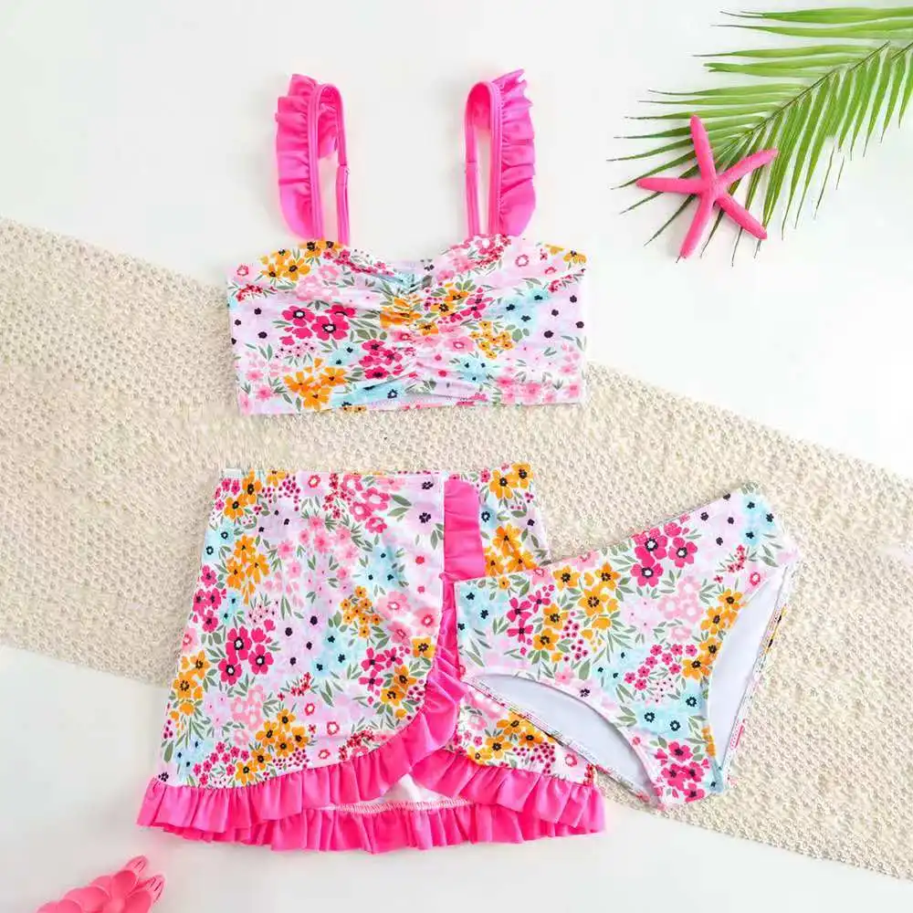 

2026 Printed Girls Swimsuit 3 Pieces High Waist Bikini Ruffle Kids Swimwear Female Children Bathing Swimming Swim Suit 4-7Y