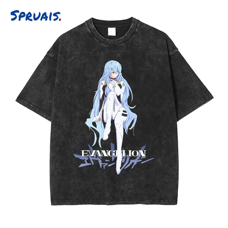 EVANGELION T-shirt Vintage Washed Anime Ayanami Rei T Shirts Oversized Streetwear Cute Girl Manga EVA Tops Tees Men 100% Cotton