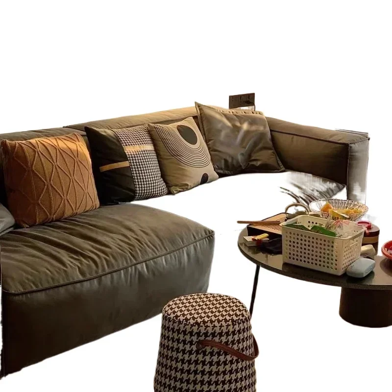 Italian minimalist tofu sofa widened, light luxury living room fluffy down leather art microfiber leather sofa floor model