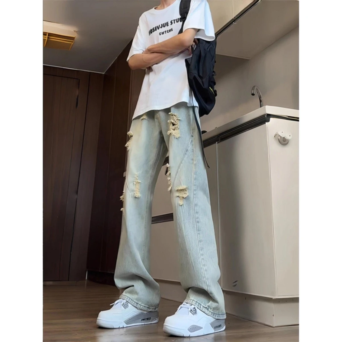 

Американские ретро-джинсы с дырками для мужчин, летние, в стиле Haome Design, уличный стиль, прямые брюки с легким клешем