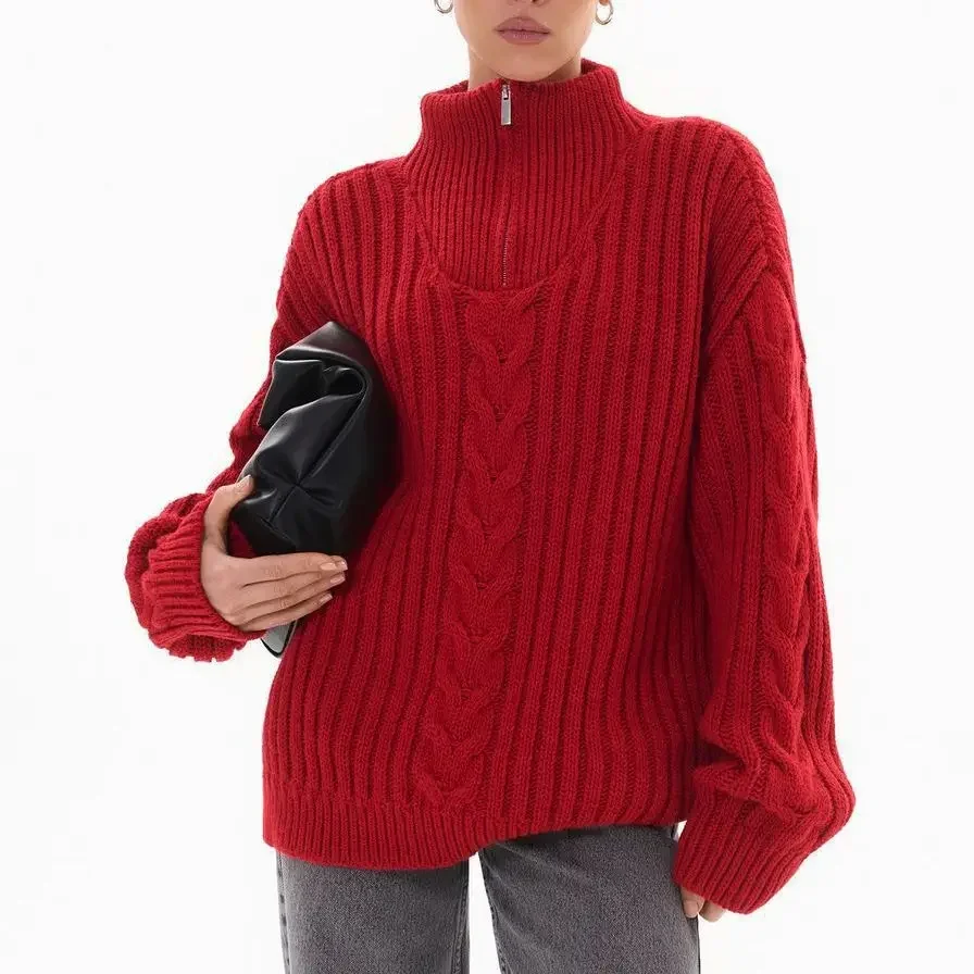 Red Sweater Women Zipper Jacquard Turtleneck Autumn Winter Pullover Knit Elastic Jumper Casual Thick Loose Warm Y2k Jumpers