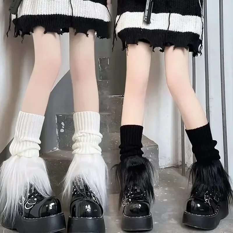 Aquecedores de pernas de tricô de pelúcia mulheres inverno longo meias de pele do falso lolita quente doce meias peludas preto branco bota capa meias