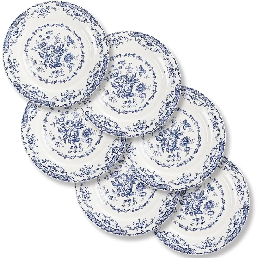 

White Ceramic Salad Plates Set of 6 with Blue Floral Design for Dining Room and Kitchen 8.5 Inch Microwave Safe Dessert Plates