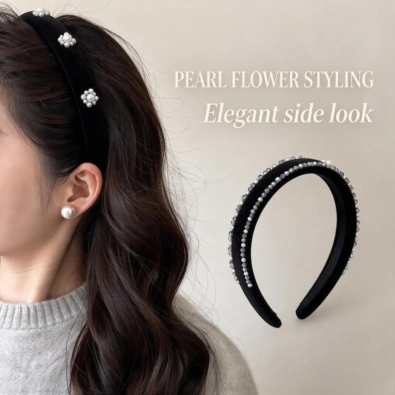 Luxury Black Crystal Pearl Headband High Top Skull Headband Rhinestone Bead Fashion Hair Hoop Headwear Hair Accessory for Girls