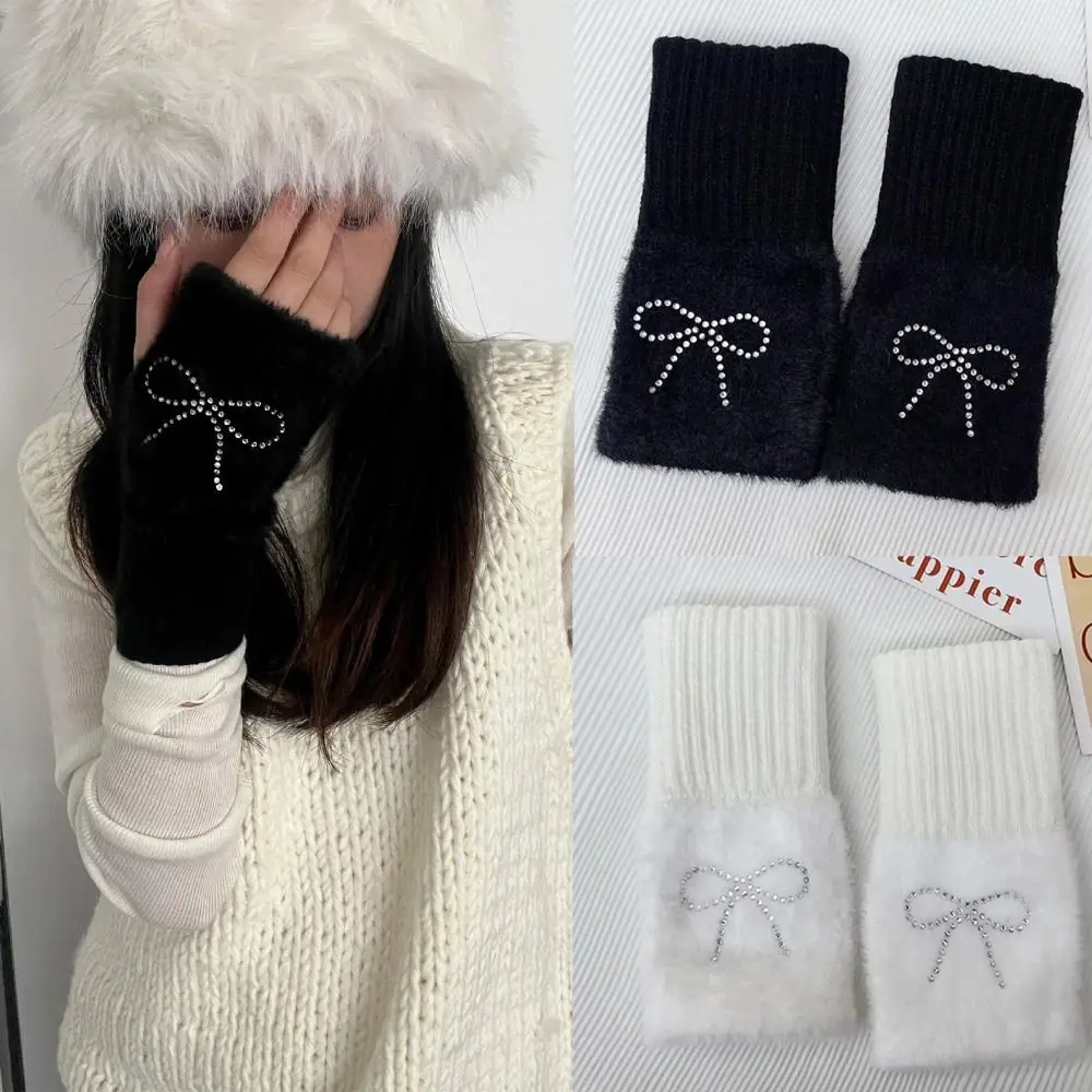 1 Pair Y2K Korean Bow Rhinestone Gloves Diamond Rabbit Winter Thickened Fullfinger Women Lolita Mittens JK Accessories